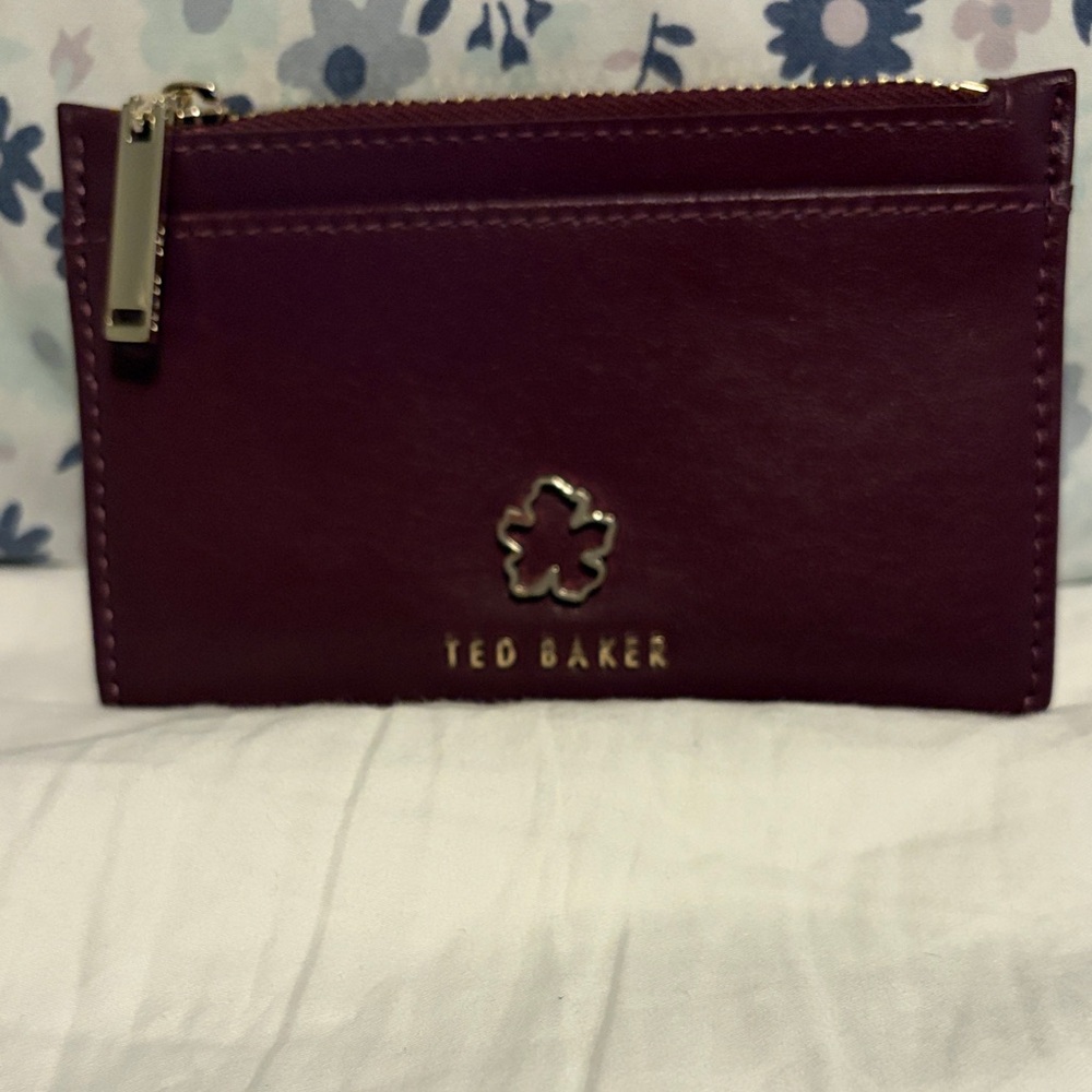 Ted Baker Deep Burgundy Leather Card Wallet with Gold Accents